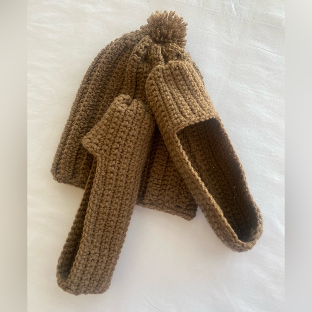 Handmade Crochet Beanie Hat & Slipper Socks Set Brown Adult Unisex Cozy Gift